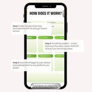 May include: A mobile phone screen shows a diet planner template with the text "HOW DOES IT WORK?". The screen details steps for downloading and using the planner, with a "DOWNLOAD NOW" button. The design is clean and modern, with a green and white colour scheme.