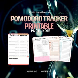 May include: A digital PNG bundle with printable Pomodoro trackers. The design includes several templates for tracking tasks, Pomodoro sessions, and reminders. The text on the image reads "Pomodoro Tracker Printable PNG Bundle."