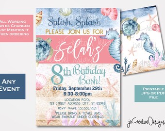 Swimming Birthday Party Invitation Pool Party Invite Girl Birthday Party Invitation Under the sea Birthday Party Mermaid invitation Shells