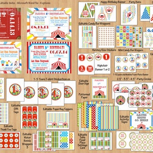 May include: A set of printable circus-themed party decorations, including invitations, banners, cupcake toppers, and more. The decorations feature a red and white striped tent, colorful balloons, and the text "Come One, Come All!"