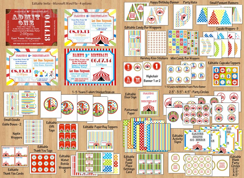 May include: A set of printable circus-themed party decorations, including invitations, banners, cupcake toppers, and more. The decorations feature a red and white striped tent, colorful balloons, and the text "Come One, Come All!"