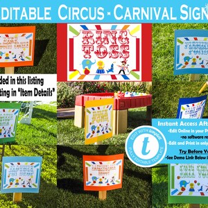Puede incluir: Se&ntilde;ales imprimibles editables para una fiesta con tem&aacute;tica de circo o carnaval. Las se&ntilde;ales son coloridas y presentan una variedad de im&aacute;genes con tem&aacute;tica de circo, incluyendo un juego de lanzamiento de anillos, un estanque de pesca y un payaso. Las se&ntilde;ales miden 8,5 pulgadas por 11 pulgadas y se pueden imprimir en cartulina.