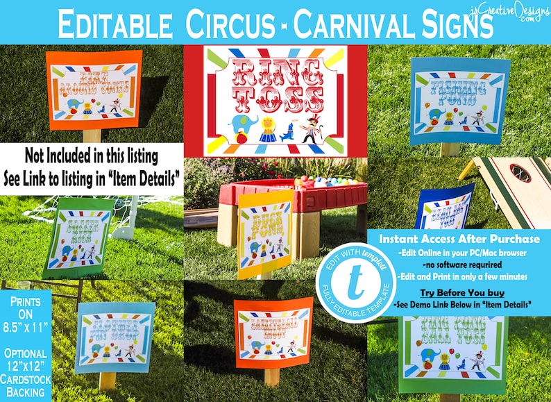 Puede incluir: Se&ntilde;ales imprimibles editables para una fiesta con tem&aacute;tica de circo o carnaval. Las se&ntilde;ales son coloridas y presentan una variedad de im&aacute;genes con tem&aacute;tica de circo, incluyendo un juego de lanzamiento de anillos, un estanque de pesca y un payaso. Las se&ntilde;ales miden 8,5 pulgadas por 11 pulgadas y se pueden imprimir en cartulina.