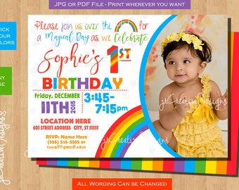 May include: A colorful rainbow-themed first birthday party invitation with a photo of a baby girl wearing a yellow dress and a flower headband. The invitation includes the text "Please join us over the for a Magical Day as we Celebrate Sophie's 1st Birthday" and details about the party, including the date, time, and location.