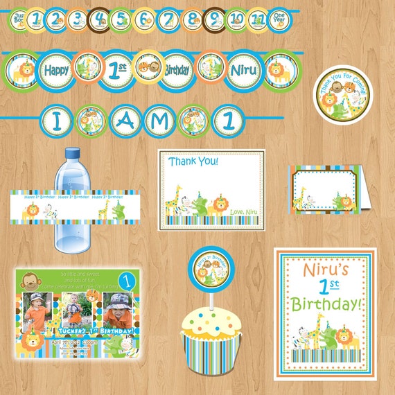 Sweet Safari Package boy - Birthday Package - 1st Birthday Party - Jungle Birthday Safari Birthday Banner - Sweet at one Boy DIY Printable Il_570xn