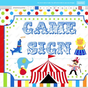 May include: A white sign with blue text that reads "GAME SIGN". The sign is decorated with a circus tent, a lion, an elephant, and a seal. The background is a red, white, and blue striped pattern.