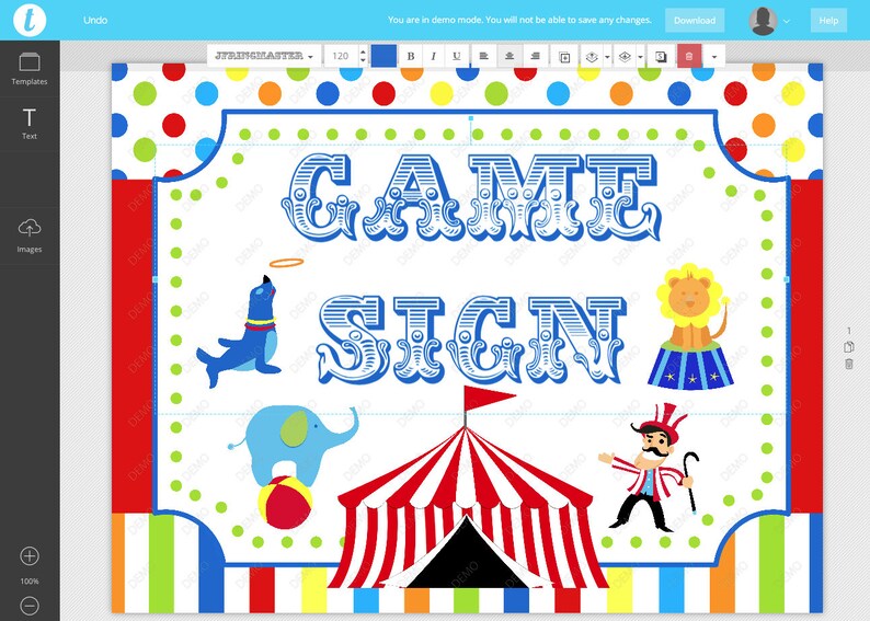 May include: A white sign with blue text that reads "GAME SIGN". The sign is decorated with a circus tent, a lion, an elephant, and a seal. The background is a red, white, and blue striped pattern.
