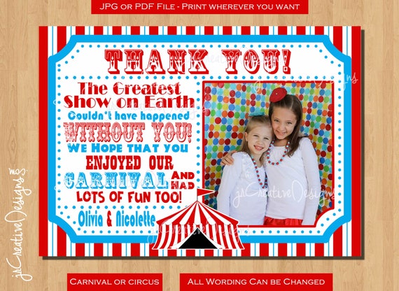 Carnival Thank You Tag Carnival Thank You Cards with Photo Carnival Thank You Note Circus Thank You Cards With Picture Circus Thank You Note Il_570xn