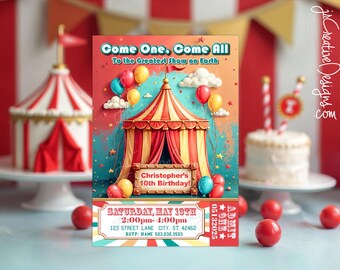 Verjaardagsuitnodiging carnaval, circusuitnodiging, 1e verjaardagsuitnodiging, digitale download, bewerkbare uitnodiging, verjaardagsfeestje Big Top