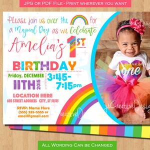 Rainbow Birthday Invitation Rainbow Birthday invite Rainbow invitation first birthday girl Pink Pastel 1st Birthday Party invitation Photo
