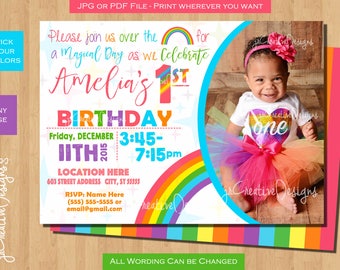 May include: Rainbow-themed first birthday party invitation with a photo of a baby girl wearing a rainbow tutu and a sparkly "one" shirt. The invitation includes the text "Please join us over the for a Magical Day as we Celebrate Amelia's 1st Birthday" and details for the party, including the date, time, and location.