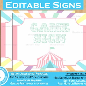 Carnival Game Signs Pastel Girl Circus Game Signs Pink Carnival Signs Circus Signs Carnival Theme Party Decor Sign Yard Sign Circus Theme