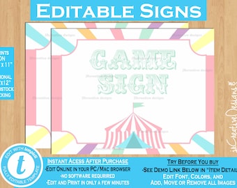 May include: Editable printable sign template for a game with a circus tent graphic. The sign says "GAME SIGN" in a vintage font. The template is available in 8.5 x 11 inches and 12 x 12 inches.