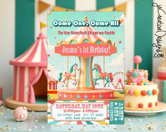Op de afbeelding: Een kleurrijke uitnodiging voor een verjaardag in carnavals-stijl met een draaimolen, paarden en een ticketstub. De tekst luidt "Come One, Come All To the Greatest Show on Earth Jessica's 1st Birthday!" Zaterdag 18 mei 14:00-16:00 uur 123 Street Lane City, ST 42462 RSVP: NAME 523.232.3523
