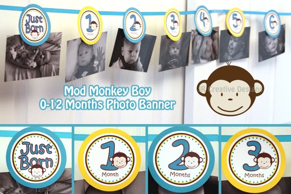 0 Months To 12 Months Photo Banner Mod Monkey Theme Boy Etsy