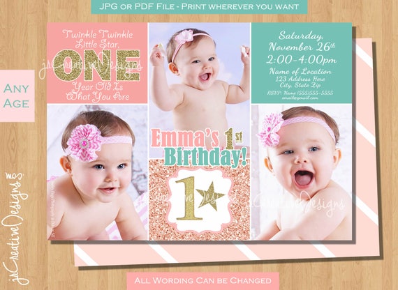twinkle twinkle little star first birthday invitation twinkle twinkle little star first birthday invites 1st birthday invitation pink gold Il_570xn