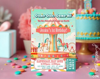 Circusverjaardagsuitnodiging, verjaardagsuitnodiging carnaval, 1e verjaardag, digitale download, afdrukbare uitnodiging carnavalsfeestje pastel