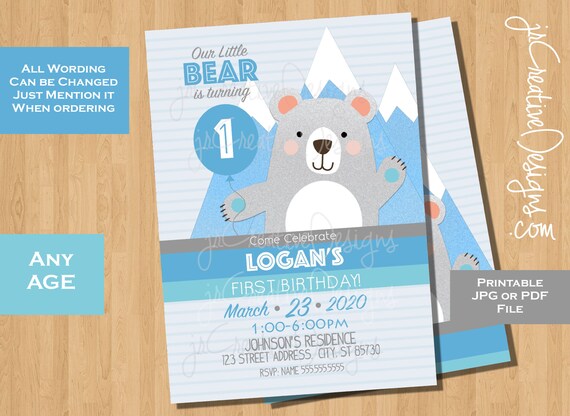 Bear invitations boy first birthday bear 1st birthday invitation boy polar bear turning one bear birthday invitation first birthday invite Il_570xn