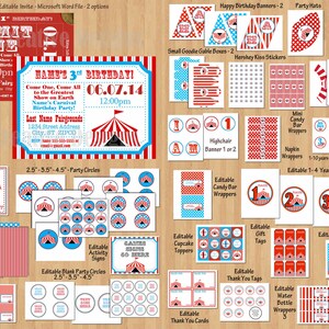 May include: A printable set of circus-themed party decorations for a 3rd birthday. The set includes a birthday invitation, party circles, cupcake toppers, gift tags, thank you tags, candy bar wrappers, highchair banner, and more. The decorations feature a red and blue color scheme with a circus tent design.
