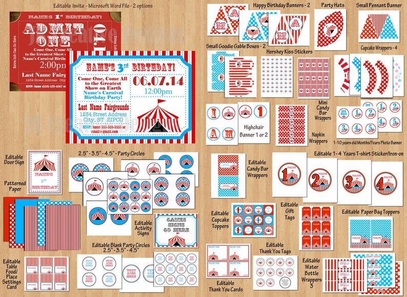 May include: A printable set of circus-themed party decorations for a 3rd birthday. The set includes a birthday invitation, party circles, cupcake toppers, gift tags, thank you tags, candy bar wrappers, highchair banner, and more. The decorations feature a red and blue color scheme with a circus tent design.