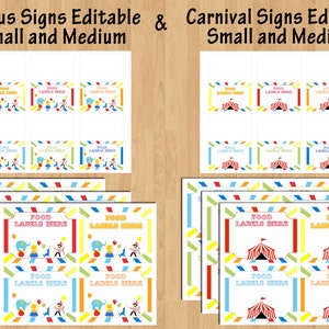Puede incluir: Etiquetas de comida imprimibles para una fiesta con tem&aacute;tica de circo o carnaval. Las etiquetas presentan rayas de colores, una carpa, un elefante y un payaso. El texto en las etiquetas dice "Food Labels Here".