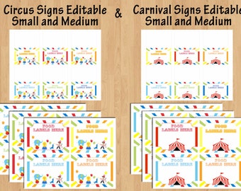 Carnival Birthday Party Signs Circus Birthday Party Signs PDF (96 Small Table Signs Food Signs, plus EDITABLE blank signs) 2 Size Sm and Med