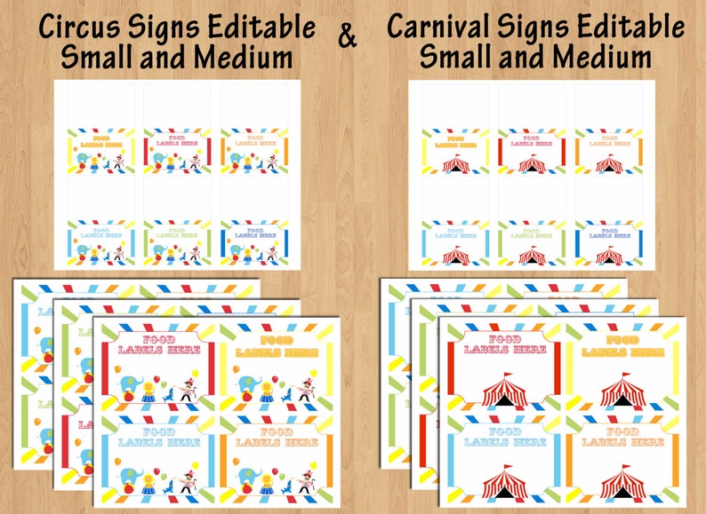 Puede incluir: Etiquetas de comida imprimibles para una fiesta con tem&aacute;tica de circo o carnaval. Las etiquetas presentan rayas de colores, una carpa, un elefante y un payaso. El texto en las etiquetas dice "Food Labels Here".