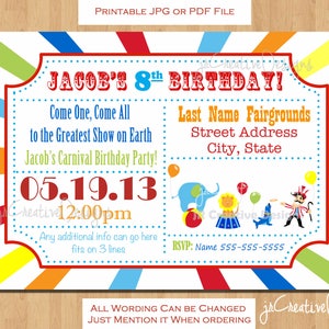 Puede incluir: Una invitaci&oacute;n imprimible colorida para una fiesta de cumplea&ntilde;os de un ni&ntilde;o de 8 a&ntilde;os. La invitaci&oacute;n presenta un tema de circo con un borde rayado rojo, blanco y azul. El texto dice "Jacob's 8th Birthday!" e incluye detalles sobre la fiesta, como la fecha, la hora y la ubicaci&oacute;n.