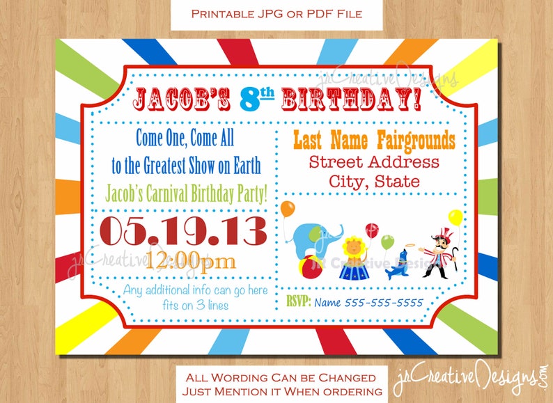 Puede incluir: Una invitaci&oacute;n imprimible colorida para una fiesta de cumplea&ntilde;os de un ni&ntilde;o de 8 a&ntilde;os. La invitaci&oacute;n presenta un tema de circo con un borde rayado rojo, blanco y azul. El texto dice "Jacob's 8th Birthday!" e incluye detalles sobre la fiesta, como la fecha, la hora y la ubicaci&oacute;n.