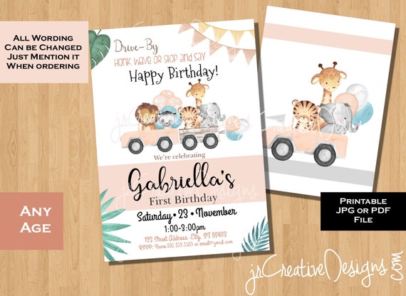 1st birthday invitation Safari birthday invite Jungle 1st birthday Girl Drive By party invitation Girl Drive Through Birthday Parade Invite Il_570xn