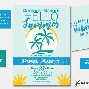 Einladung zur Abschlussfeier des Schuljahres. Partyeinladung zum letzten Schultag. Schwimmparty zum Sommerbeginn. Schulpoolparty. Abschlussfeier der Schule