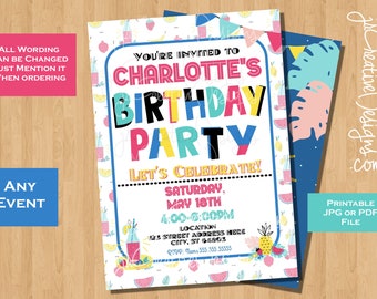 May include: A colorful birthday party invitation with a tropical theme. The invitation features a watermelon, pineapple, and lemons. The text on the invitation reads "You're invited to Charlotte's Birthday Party. Let's Celebrate! Saturday, May 18th 4:00-6:00PM. Location: 123 Street Address Here, City, ST 64803.  Phone: 555.555.5555."