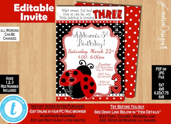 3rd Birthday invitation Girl third birthday invitation Ladybug invitation 3 years lady bug invitation ladybug party ladybug birthday party Il_570xn