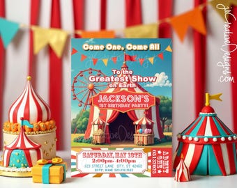 Circusverjaardagsuitnodiging, verjaardagsuitnodiging carnaval, 1e verjaardag, digitale download, afdrukbare uitnodiging carnavalsfeestje kleurrijke pdf