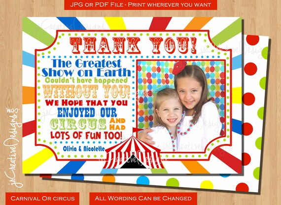 Circus Thank You Cards with Photo Circus Thank You Tag Circus Thank You Note Circus Thank You Cards With Picture Carnival Thank You Note Il_570xn