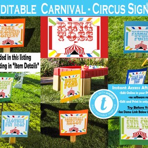 Puede incluir: Se&ntilde;ales de carnaval y circo imprimibles y editables con un dise&ntilde;o de carpa de circo colorido. Las se&ntilde;ales incluyen texto como "Ring Toss", "Fishing Pond", "Duck Pond", "Popcorn Pin Drop", "Basketball Shoot" y "Ping Pong Ball Toss".
