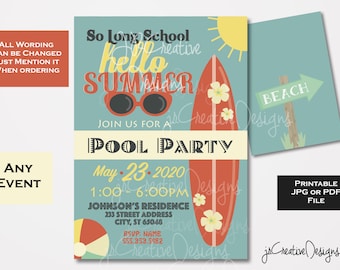 Last day of school Party invitation start of summer swimming party School pool party End of School Bash End of school year party Invitation