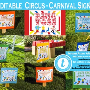 May include: Editable printable signs for a circus or carnival themed party. The signs are 8.5 inches by 11 inches and feature a variety of circus games, including ring toss, fishing pond, and a cake walk. The signs are colorful and feature a circus tent, clowns, and animals.