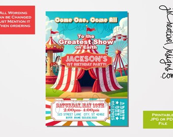 Afdrukbare carnavalsuitnodiging, circusverjaardagsuitnodiging, bewerkbare uitnodiging, direct downloaden, 1e verjaardagsfeestje, kinderfeestje uitnodigen