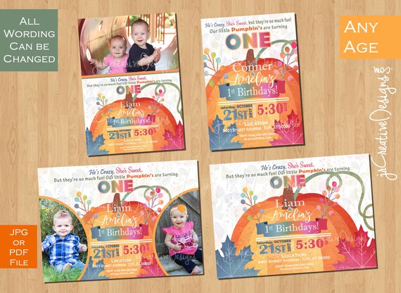 Twin pumpkin invitation Twins pumpkin birthday invitation Boy Girl Twins pumpkin birthday party Girl Boy Twins 1st Birthday invitation Photo Il_570xn