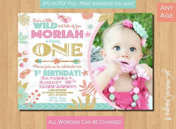 Wild one first birthday invite girl Boho Birthday Invite Photo Boho 1st birthday invitation Tribal girl 1st birthday invitation Picture gold Il_570xn