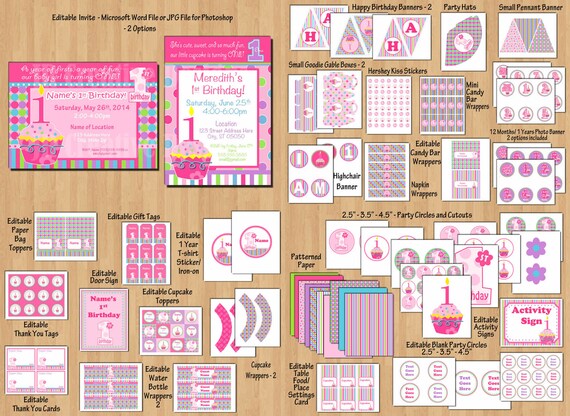 cupcake birthday party cupcake birthday banner 1st birthday girl decoration 1st birthday girl invitation 1st birthday party supplies package cupcake birthday banner