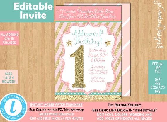 twinkle twinkle little star 1st birthday invitation twinkle twinkle little star first birthday invites twinkle twinkle little star pink gold Il_570xn
