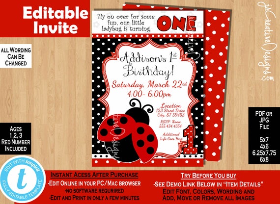 Ladybug Birthday invitation lady bug invitation ladybug party ladybug birthday party ladybug invite girl first birthday invitation 1st girl Il_570xn