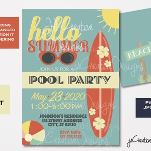 Puede incluir: Una invitación azul turquesa con una tabla de surf, gafas de sol y un cartel de playa. El texto dice "Hello Summer" y "Pool Party" con la fecha "May 23, 2020" y la hora "1:00-6:00PM".