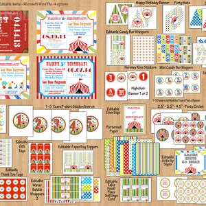 Puede incluir: Un conjunto de decoraciones de fiesta con tem&aacute;tica de circo imprimibles, que incluye invitaciones, pancartas, adornos para cupcakes y mucho m&aacute;s. Las decoraciones presentan una carpa a rayas rojas y blancas, globos de colores y una fuente de circo divertida.