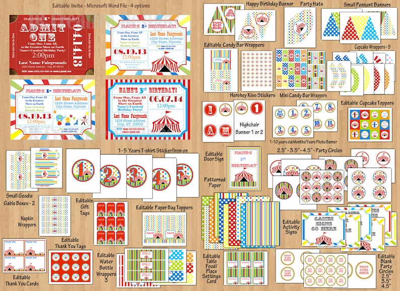Puede incluir: Un conjunto de decoraciones de fiesta con tem&aacute;tica de circo imprimibles, que incluye invitaciones, pancartas, adornos para cupcakes y mucho m&aacute;s. Las decoraciones presentan una carpa a rayas rojas y blancas, globos de colores y una fuente de circo divertida.