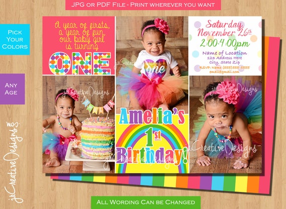 Rainbow Birthday Invitation Rainbow Birthday Party Rainbow invitation Rainbow Birthday Invite Rainbow invite first Girl 1st Birthday invite Il_570xn