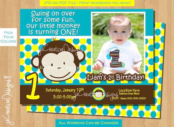 Monkey Birthday Invite Monkey Invitation Photo 1st Birthday