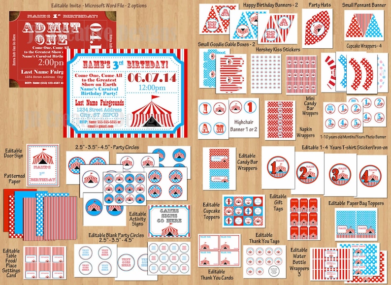 Puede incluir: Decoraciones de fiesta de circo imprimibles en rojo, blanco y azul. Incluye invitaciones, adornos para cupcakes, pancartas, etiquetas para regalos y mucho m&aacute;s.  Editable en Microsoft Word.